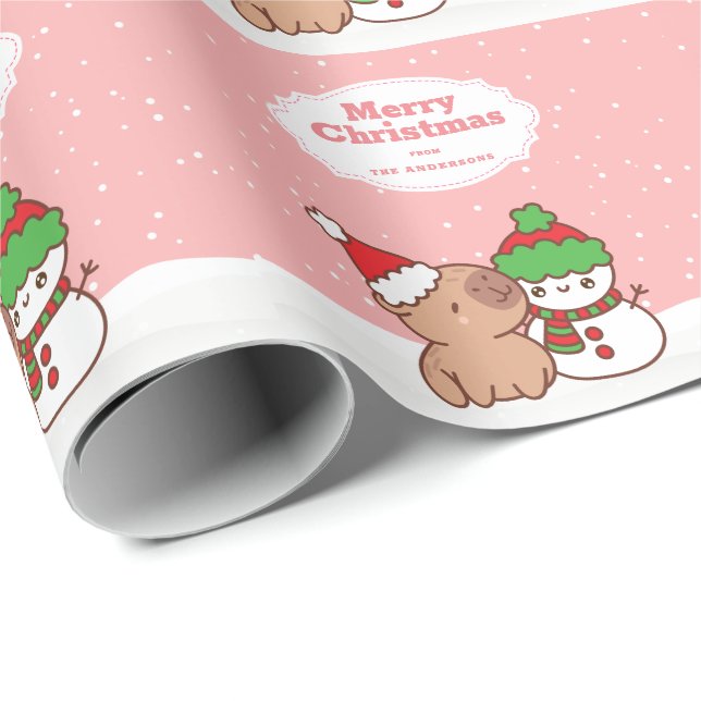 Papel De Presente Natal Capybara E Snowman Cute (Ponta do rolo)