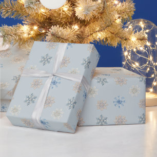 Papel De Presente Natal Chic Inverno Flocos de Neve Creme Azul Branc