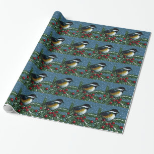 Papel De Presente Natal: Chickadee, ramo do pinho, neve: Arte