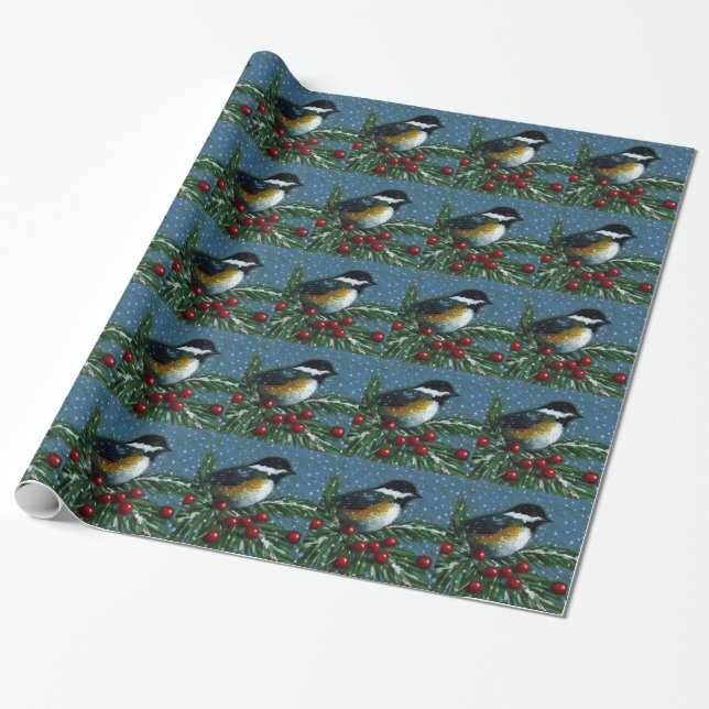 Papel De Presente Natal: Chickadee, ramo do pinho, neve: Arte (Desenrolado)