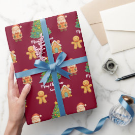 Papel De Presente Natal Clássico de Gingerbread Burgundy com Papai N