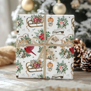 Papel De Presente Natal clássico do relógio de inverno e Poinsettia