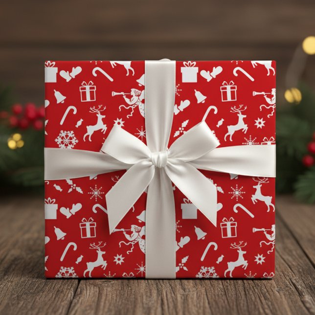 Papel De Presente Natal Clássico Novamente Vermelho e Branco dos ano (1950s Novelty Red And White Classic Christmas Wrapping Paper)