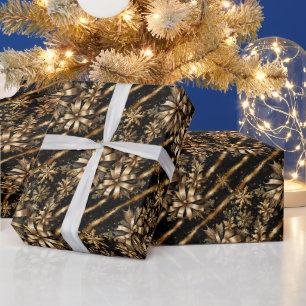 Papel De Presente Natal com Fita Preta Mármore e Dourada Opulenta