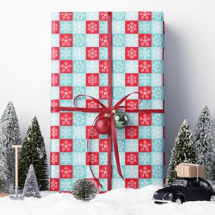 Papel De Presente Natal com Floco de Neve Vermelhos Checkered