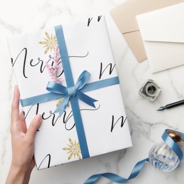 Papel De Presente Natal com flocos de neve Dourados caligráficos (Presentear)