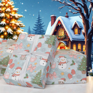 Papel De Presente Natal com Gatos Snowmen Cookies e Leite