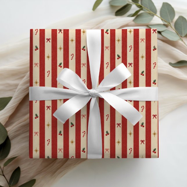 Papel De Presente Natal com Listras de Doce Retro Coquette (Criador carregado)