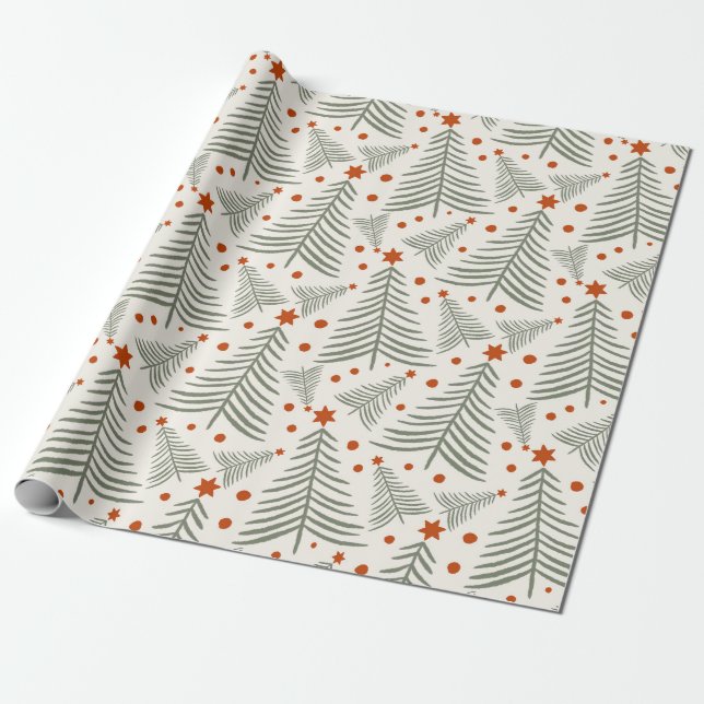 Papel De Presente Natal com padrão de árvore verde moderna sempre-ve (Desenrolado)