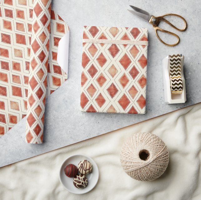 Papel De Presente Natal com padrão de diamante em aquarela Boho (Artesanato)