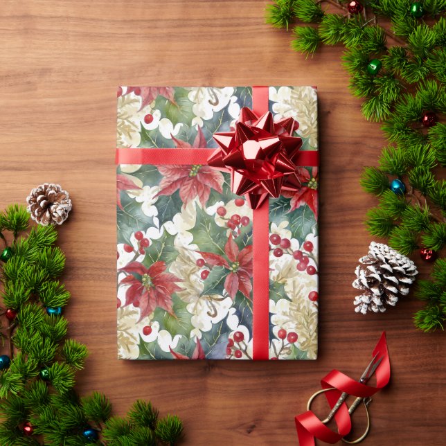 Papel De Presente Natal com padrão de poinsettia e azevinho em aquar (Presente de Natal)