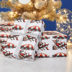 Papel De Presente Natal com Papai Noel sob um Guarda-sol de Praia