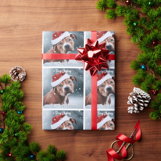 Papel De Presente Natal com Pit Bull Triste com Chapéu de Papai Noel (Presente de Natal)