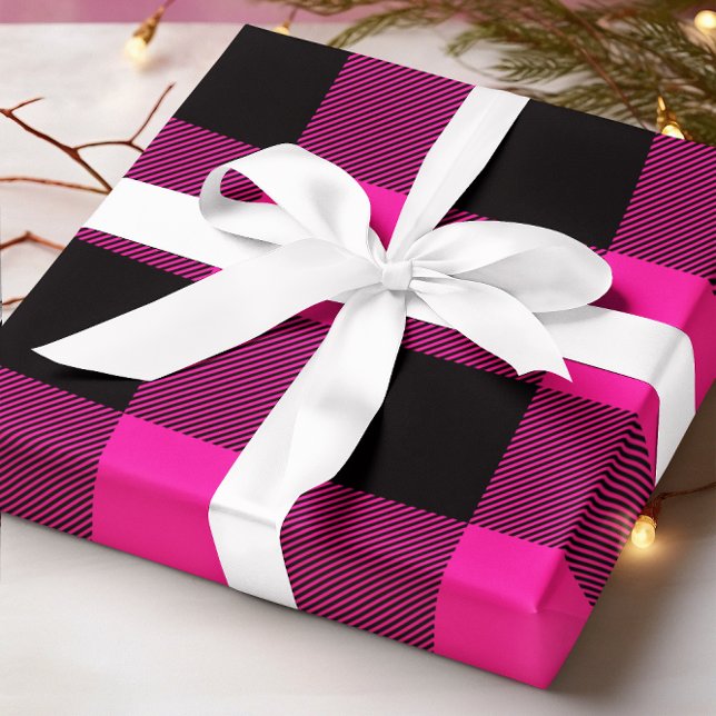 Papel De Presente Natal com Xadrez Búfalo Rosa Quente e Preto (Hot Pink and Black Buffalo Plaid Christmas Wrapping Paper)