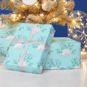 Papel De Presente Natal costeiro Aqua Azul Azul Azul Areia Dólar