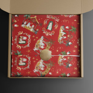 Papel De Presente Natal Cristão Natividade Cinematográfica Vermelha