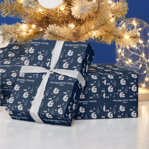 Papel De Presente Natal Customizado Meia-Noite Azul Marinho, Prata