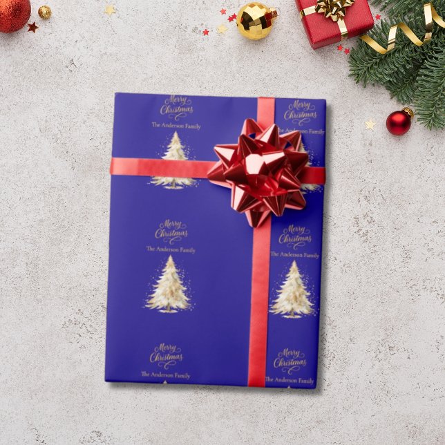 Papel De Presente Natal da árvore de ouro azul (Criador carregado)