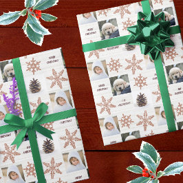 Papel De Presente Natal da Colagem de Fotos do Floco de Neve Dourado