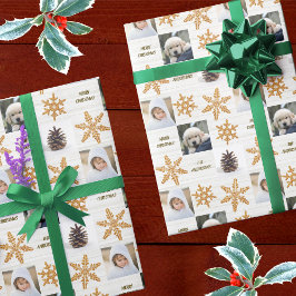 Papel De Presente Natal da Colagem de Fotos Dourada Snowflake 3