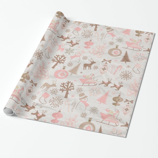 Papel De Presente Natal da Floresta Rosa e Marrom (Desenrolado)