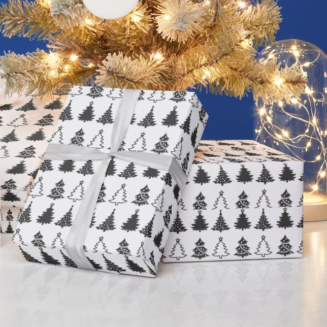 Papel De Presente Natal das Árvores de Natal Pretas e Brancas Super  (Feriados)