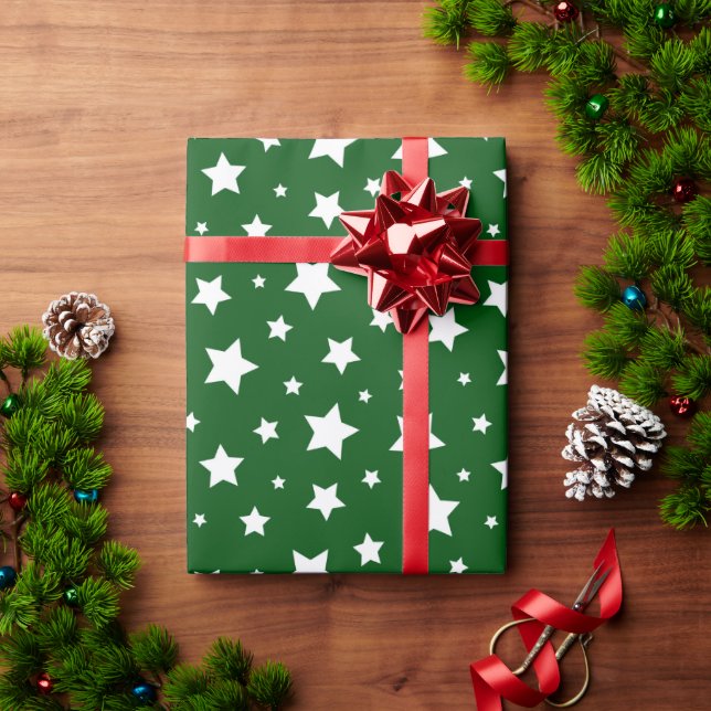 Papel De Presente Natal das estrelas brancas verdes (Presente de Natal)
