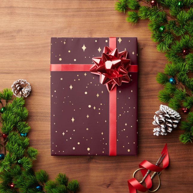 Papel De Presente Natal das Estrelas Douradas Vermelhas Elegantes (Presente de Natal)