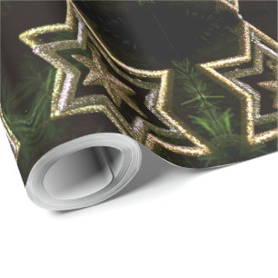 Papel De Presente Natal das Estrelas Verdes Elegantes e Douradas