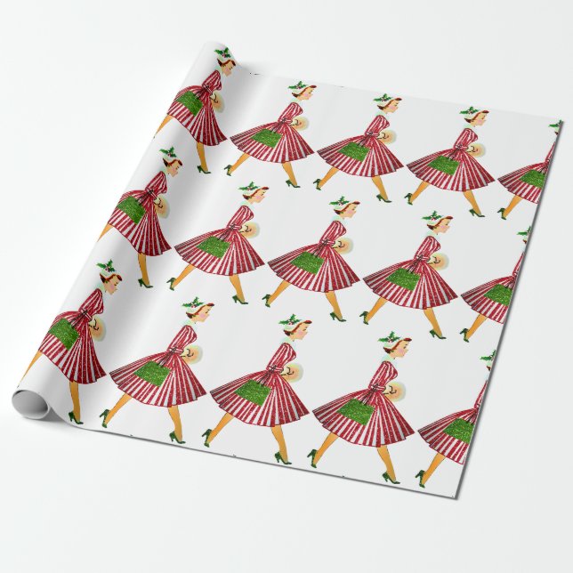 Papel De Presente Natal de 1950 Senhora Vintage (Desenrolado)