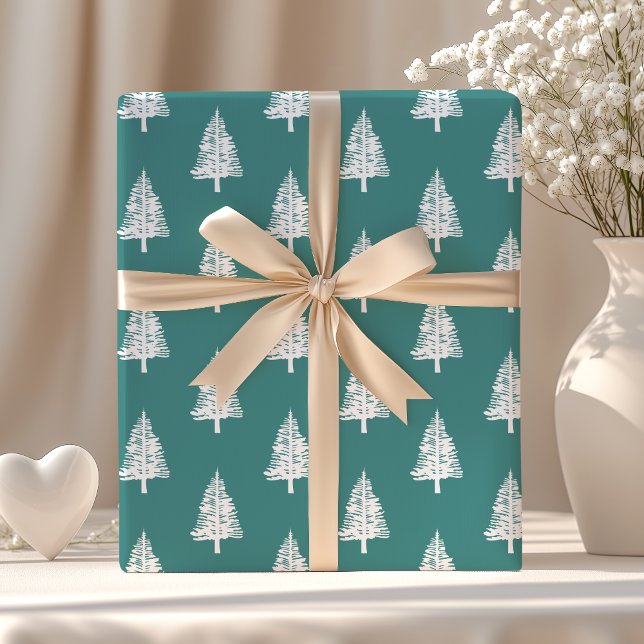 Papel De Presente Natal de Árvores de Pinheiro Verde e Branco (Criador carregado)