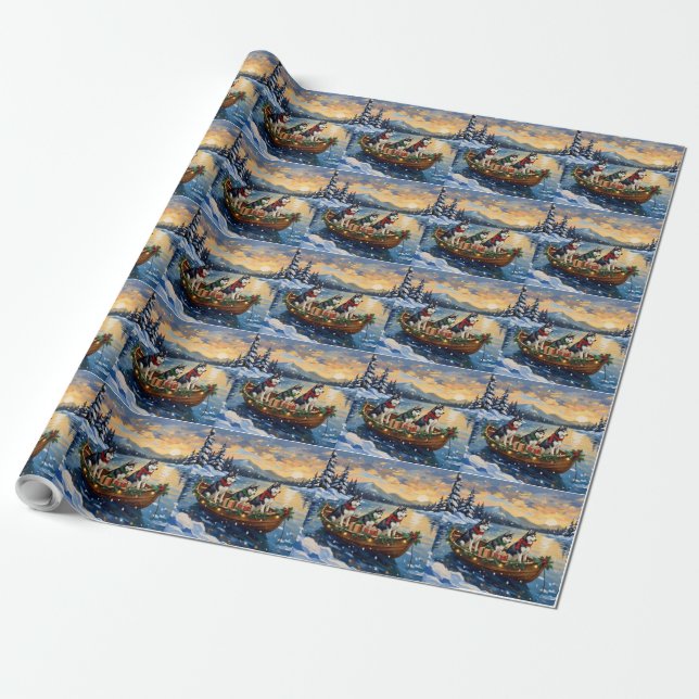Papel De Presente Natal de barco de Husky Siberiano no Natal (Desenrolado)
