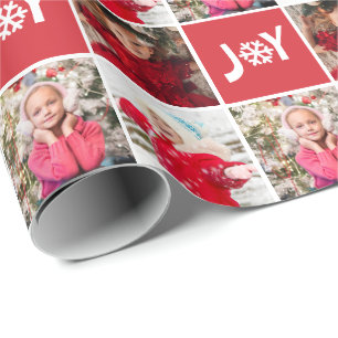 Papel De Presente Natal de Colagem de Fotos Personalizada Vermelha 