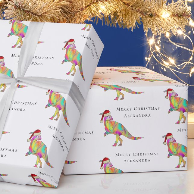 Papel De Presente Natal de Dinossauro Personalizado Nome da Menina (Personalized girl name merry Christmas dinosaur parasaurolophus wrapping paper Watercolor dino Santa)