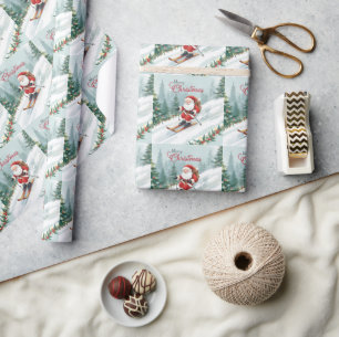 Papel De Presente Natal de esqui com Papai Noel na montanha