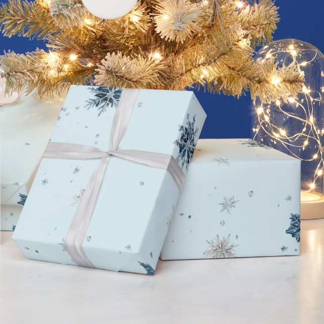 Papel De Presente Natal de Flocos de Neve Azuis  (Feriados)