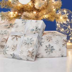 Papel De Presente Natal de Flocos de Neve Azuis Bronze Creme