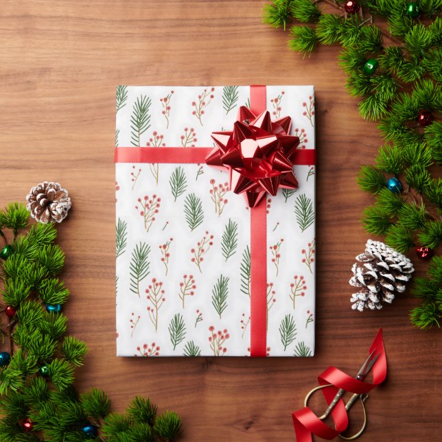 Papel De Presente Natal de Folhas e Bagas de Pinheiro Modernos (Presente de Natal)