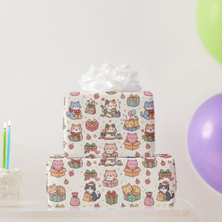 Papel De Presente Natal de Gatinho Kawaii | Férias Fofo