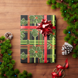Papel De Presente Natal de Holly, Xadrez Negra