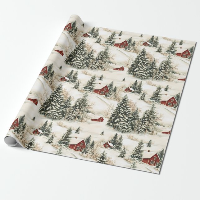 Papel De Presente Natal de Inverno Rústico Floresta de Neve (Desenrolado)