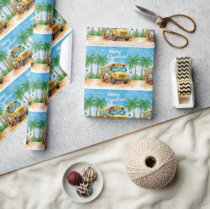 Papel De Presente Natal de Ônibus Escolar Tropical com Papai Noel 
