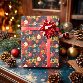 Papel De Presente Natal de ornamentos brancos e vermelhos personaliz