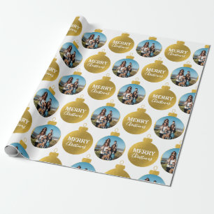 Papel De Presente Natal de Ornamentos de Fotos Dourados Elegantes Pe