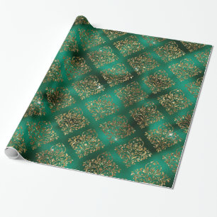 Papel De Presente Natal de Padrão Geométrico Dourado Verde Elegant