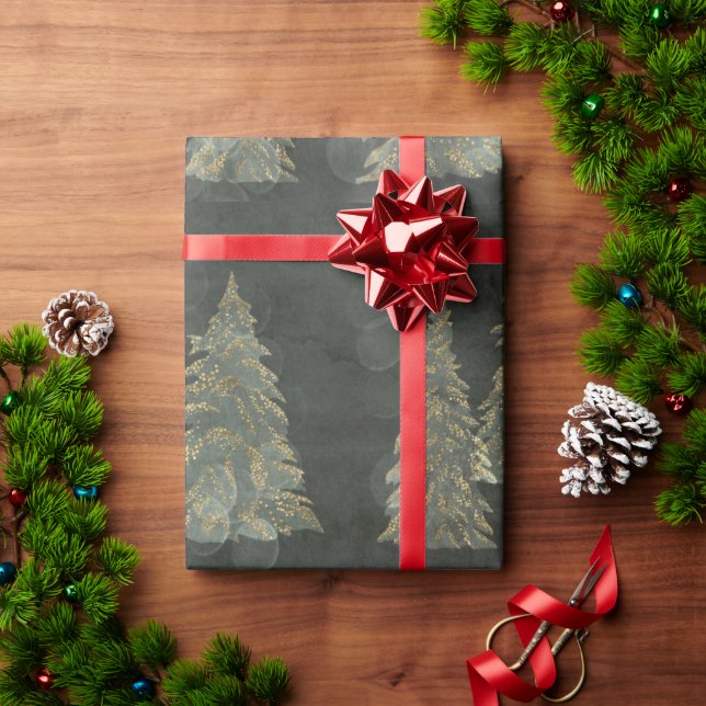 Papel De Presente Natal de Pinheiros Dourados Elegante (Presente de Natal)
