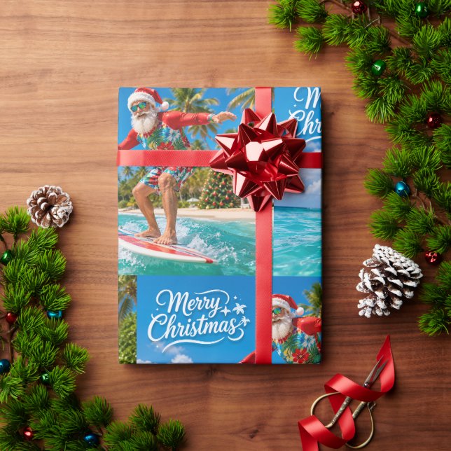 Papel De Presente Natal de Surf com Papai Noel (Presente de Natal)