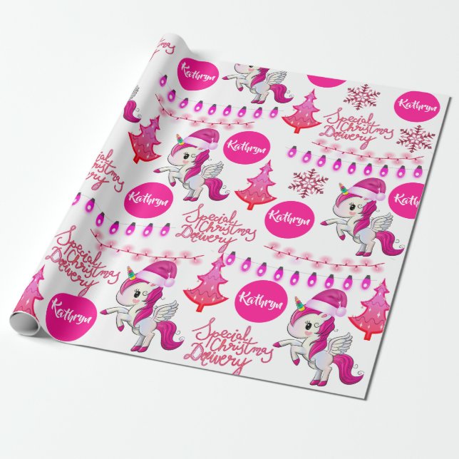 Papel De Presente Natal de Unicórnios Rosa Personalizados (Desenrolado)