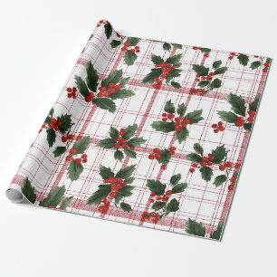 Papel De Presente Natal de Xadrez com Azevinho em Aquarela