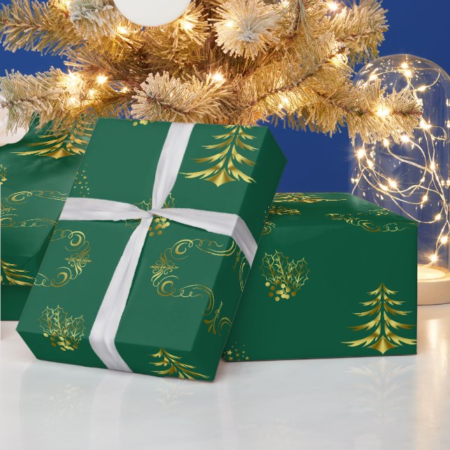 Papel De Presente Natal Decorativo Dourado e Verde (Feriados)